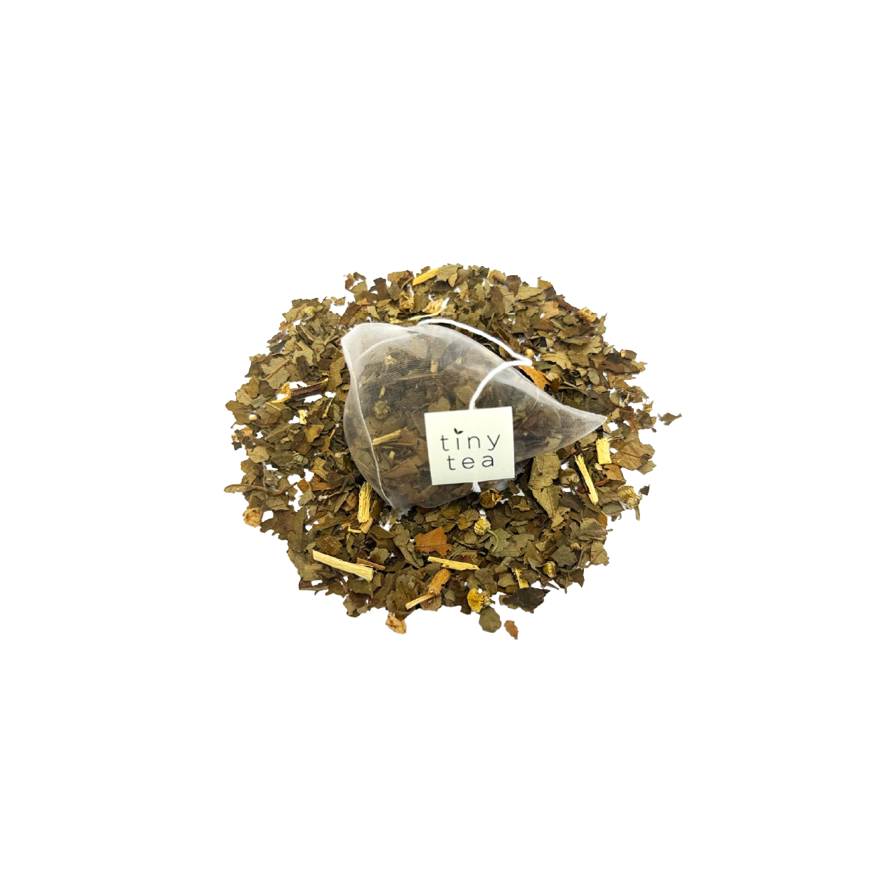 Tea leaves with a tea bag labeled 'tiny tea' on a white background